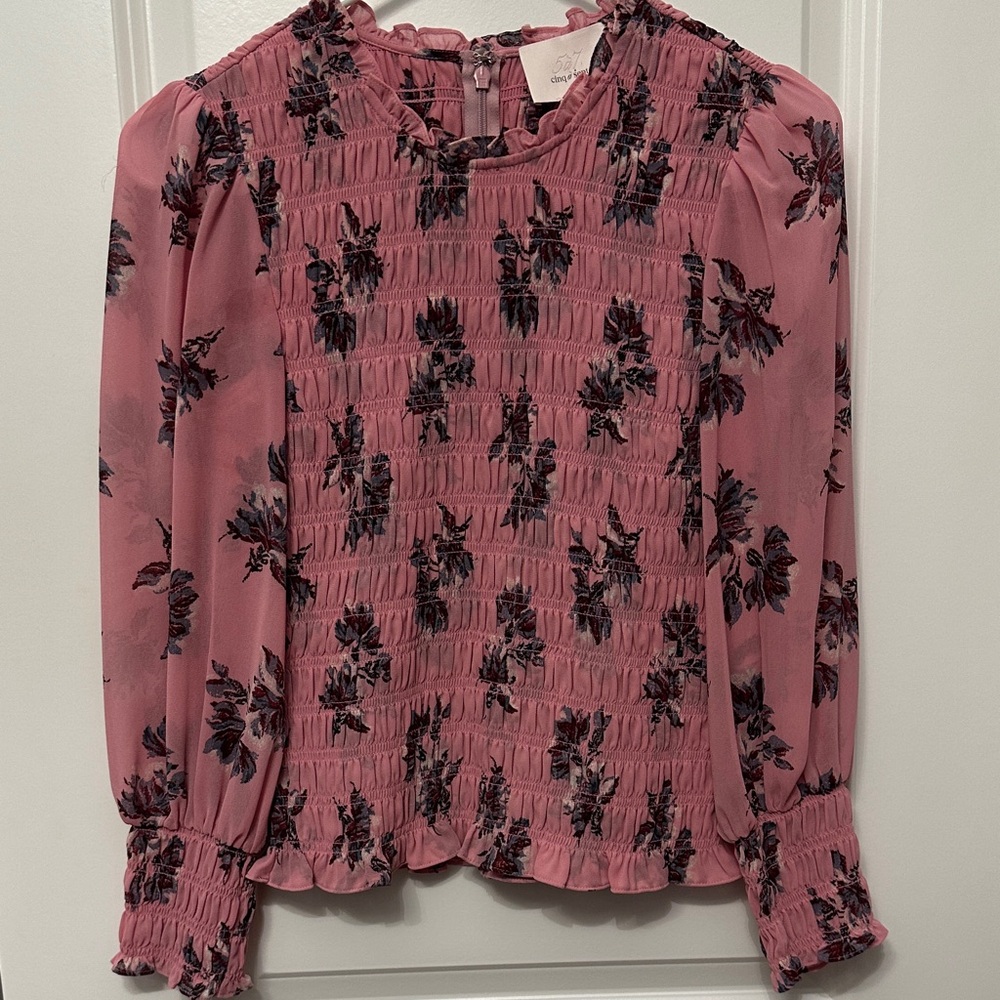 Cinq a Sept Floral Smocked Pink Blouse, size S